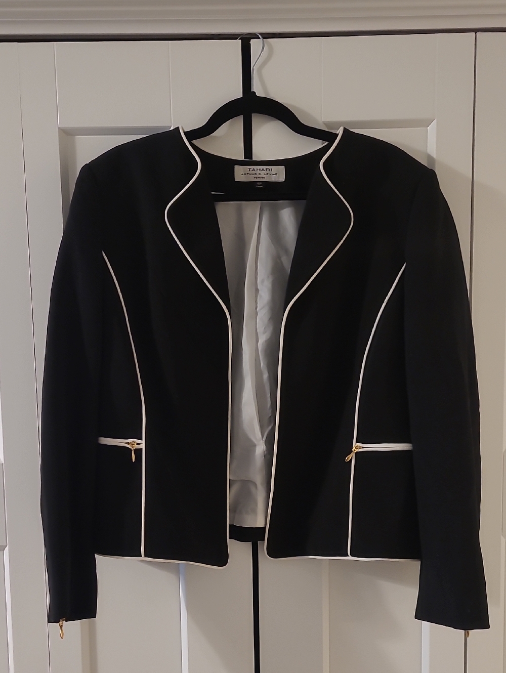Tahari Black Blazer with White Piping and Gold Zipper Detail